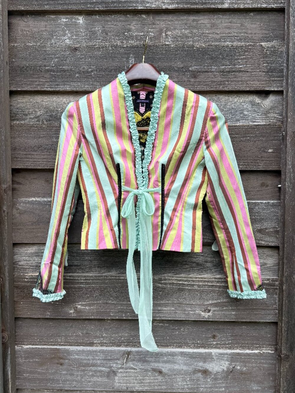 RARE Y2K Dr. Boudoir Raw Silk Striped Ruffle Blazer Jacket Small